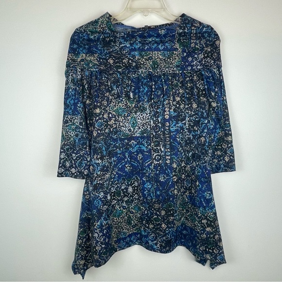 Hannah Women’s Small Blue Black Boho Print Tunic Top 3/4 Sleeve - Picture 1 of 3